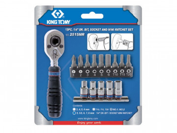 Набор вставок (бит) и головок с трещоткой 1/4&quot, TORX, HEX, PH, 15 предметов KING TONY 2515MR